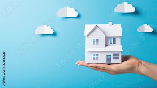 Wallpaper Mural Hand holding a miniature white house with paper clouds on a blue background. Torontodigital.ca