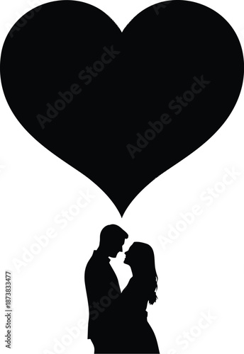 A romantic couple shares a tender kiss under a large heart symbol