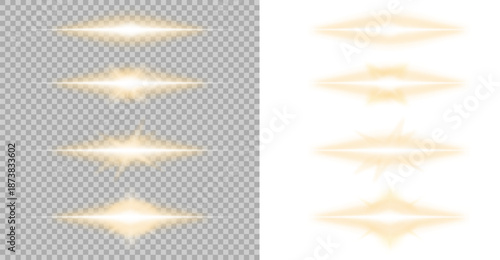 Set of horizontal glowing light streaks and lens flare effects isolated on transparent background. Perfect for overlays, motion graphics, sci-fi visuals, and modern design projects.