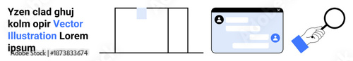 Data privacy, digital communication, cybersecurity, online identity, user interaction, research. Laptop with a file, chat application and a magnifying glass. Data privacy and digital communication