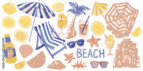 A vibrant summer collection featuring beach essentials and citrus motifs