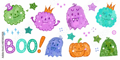 Cute watercolor illustrations of whimsical halloween monsters and a pumpkin