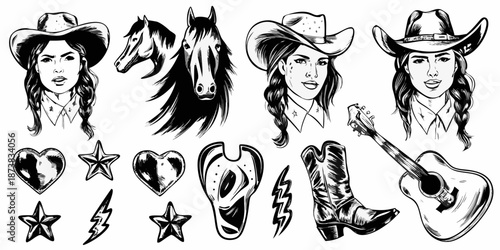 Vintage western illustrations cowgirls horses boots hearts and musical instruments