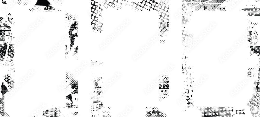 Fototapeta premium Grunge mask overlay set. Border frame clipping mask collection for trendy cyber punk posters . Glitched layer ,grunge textured, distressed effect .Vector halftone dots screen print texture.