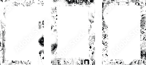 Grunge mask overlay set. Border frame clipping mask collection for trendy cyber punk posters . Glitched layer ,grunge textured, distressed effect .Vector halftone dots screen print texture.