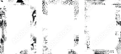 Grunge mask overlay set. Border frame clipping mask collection for trendy cyber punk posters . Glitched layer ,grunge textured, distressed effect .Vector halftone dots screen print texture.