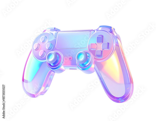 A 3D rendered iridescent gaming controller on a black background