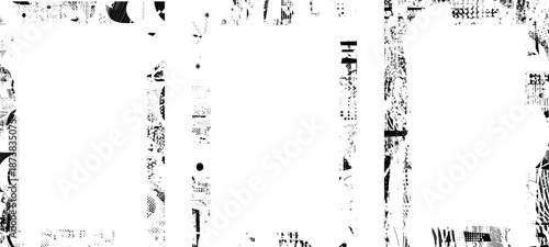 Grunge mask overlay set. Border frame clipping mask collection for trendy cyber punk posters . Glitched layer ,grunge textured, distressed effect .Vector halftone dots screen print texture.