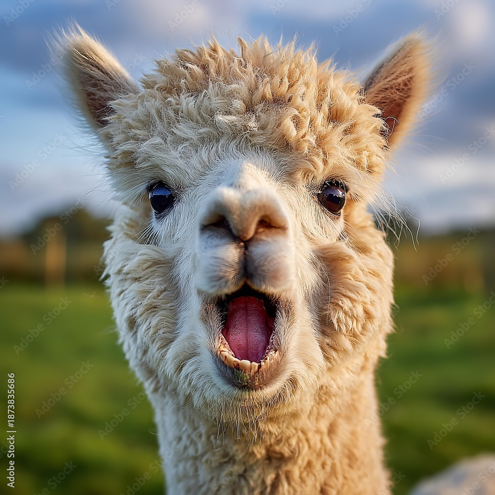 Fototapeta premium Furry alpaca shows pink tongue and teeth with mouth open wide