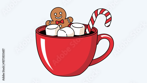 Christmas Hot Chocolate with Gingerbread Man and Candy Cane Illustration