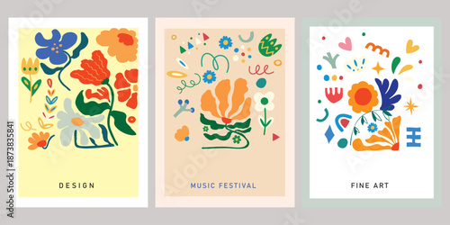 Trendy collection of three abstract floral posters featuring joyful, vibrant colors and organic shapes, perfect for modern graphic design and fine art promotion.