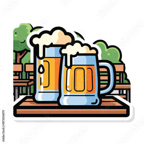 Cartoonish illustration of two beer mugs on a wooden table