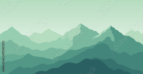 Minimalist Layered Mountain Range Vector Landscape in Monochrome Green.