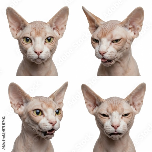 Close-up portraits of a unique Sphynx cat expressing various emotions on a white background