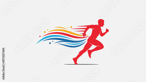 Dynamic red runner silhouette with flowing colorful speed lines, symbolizing progress, energy, and rapid movement on a light grey background.