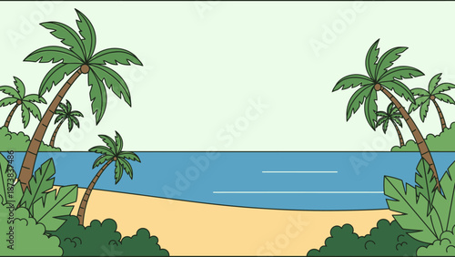 Beautiful tropical beach landscape with palm trees, blue ocean, and sandy shore under a clear sky, depicting a serene vacation spot.