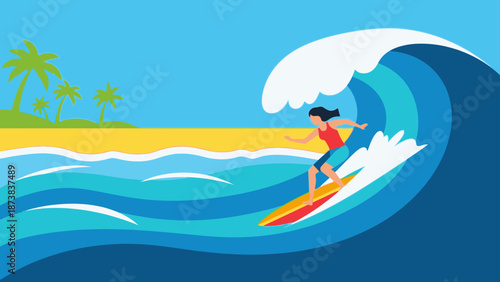 Dynamic illustration of a woman riding a large powerful ocean wave on a surfboard with a tropical beach and palm trees in the background, conveying adventure and excitement.