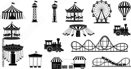 Amusement Park Silhouette Icons Set, Carnival Fair Attractions Vector Illustration Featuring Roller Coaster, Ferris Wheel, Carousel, Circus Tent, and Theme Park Entertainment Ride Symbols