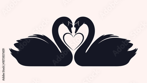 Two elegant black swans forming a heart shape with their necks on a charming light pink background.