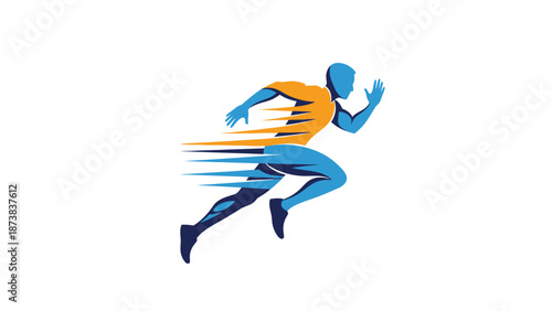 Dynamic abstract logo of a man running with speed lines, symbolizing athleticism and progress, on an isolated white background.