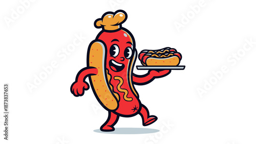Happy cartoon hotdog character wearing a chef hat and serving a delicious hotdog, on an isolated white background.