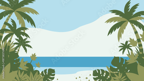 Lush Tropical Beach Landscape Background with Palm Trees, Ocean, Sand, and Vibrant Foreground Foliage.