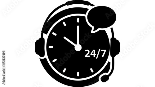 Black and white illustration of an alarm clock with 247 text and speech bubble on a white background with 24 7 and available and service