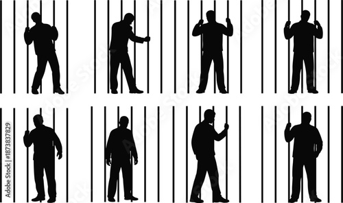 Black silhouette set of a man behind prison bars, criminal inmate in jail cell, incarceration and justice system concept for legal and crime projects