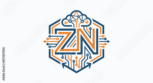 Modern tech logo with ZN letters in orange and blue circuit design