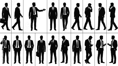 Businessmen silhouettes set, businessman character poses walking standing talking on phone, corporate professional office workers, male entrepreneur collection, vector illustration, white background