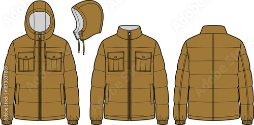 Brown winter puffer jacket technical sketch, men fashion outerwear with hood and pockets, front and back view, vector illustration on white background.