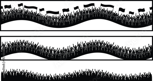Crowd silhouette vector set with people cheering at concert protest or sports stadium event featuring wavy audience borders for festive celebration design elements
