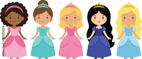Cute little princess doll characters set, diverse beautiful girls wearing colorful pink teal and blue royal gowns, fairytale children vector illustration avatars.