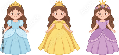 Cute little princess characters set, beautiful girls wearing blue yellow and purple royal gowns, fairytale queen avatars, adorable children vector illustration isolated on white.