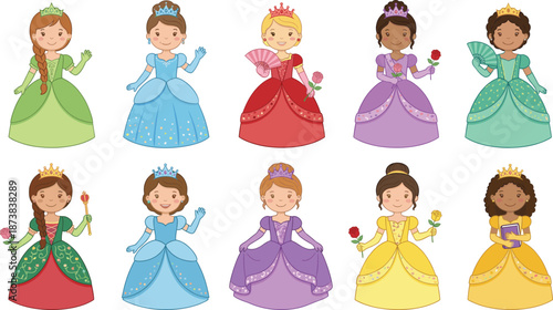 Cute little princesses set in beautiful ball gowns, diverse girls wearing gold crowns holding roses and fans, fairytale royal characters collection isolated vector illustration