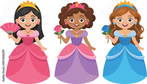 Cute little princesses set in beautiful ball gowns, diverse girls wearing crowns holding roses and fan, fairytale characters collection isolated vector illustration