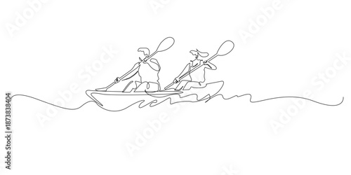 Hand drawn continuous line illustration of two people kayaking together on water.
Single line artwork created for water sport, outdoor activity, teamwork, and adventure lifestyle concepts.