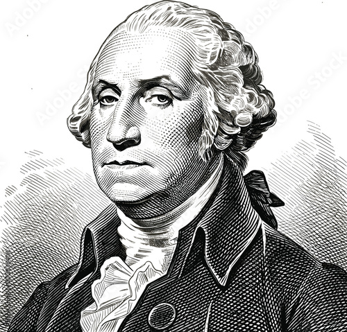 Detailed engraving of George Washington portrait vector, classic line art of the first American president, historical founding father for patriotic education designs.