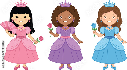 Diverse little princess characters set, multicultural girls in pink purple and blue royal gowns holding roses, fairytale queen avatars, cute children vector illustration.