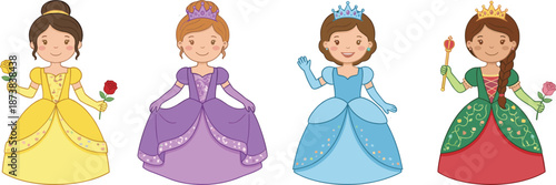 Diverse princess characters set, beautiful girls wearing colorful royal gowns holding roses and scepters, cute fairytale children vector illustration isolated on white background.