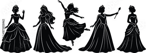 Elegant Princess Silhouette Collection, Vector Illustration of Fairy Tale Royal Girls in Ball Gowns, Fantasy Magic Characters for Wedding and Birthday Invitation Design