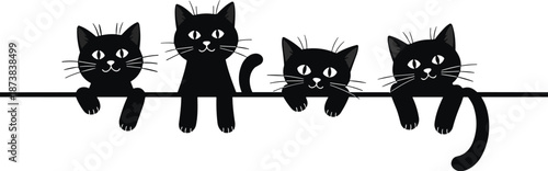 Funny black cats sitting on a line border, cute kitten silhouettes with big eyes and whiskers for minimalist animal decor and feline lovers.