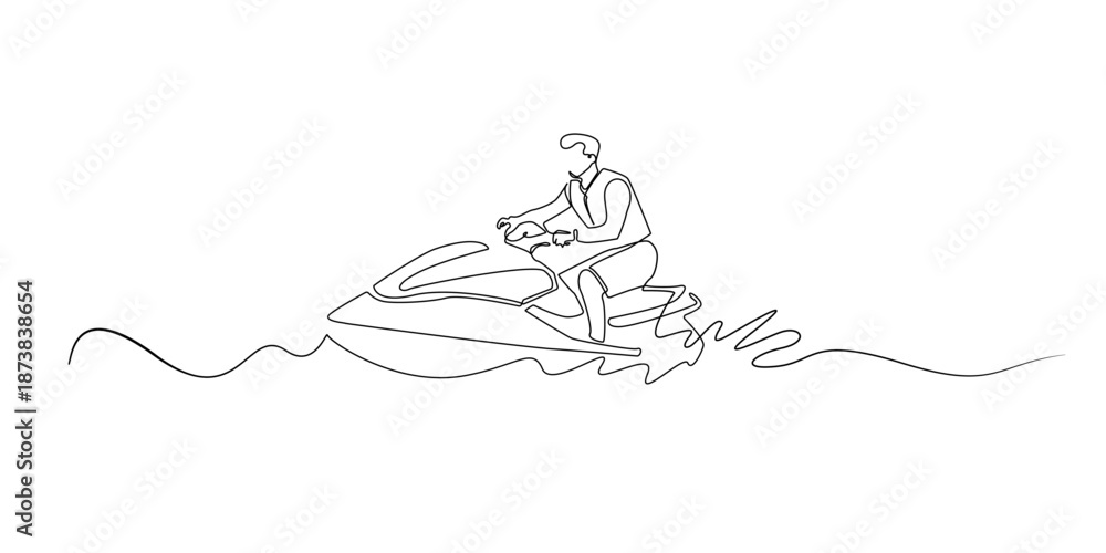 Obraz premium Hand drawn continuous line illustration of a man riding a jet ski on water. Single line artwork created for water sport, speed action, and outdoor adventure concepts.