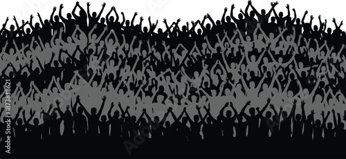 Large cheering crowd silhouette with raised hands at concert or sporting event, audience celebration at music festival, black and grey people background, vector illustration.