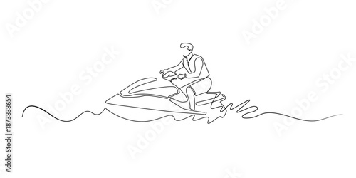 Hand drawn continuous line illustration of a man riding a jet ski on water. Single line artwork created for water sport, speed action, and outdoor adventure concepts.