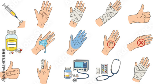 Medical first aid icons set, human hands with bandages and patches, syringe injection and stethoscope equipment, healthcare vector illustration isolated on white background.