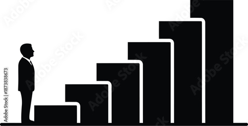 Black silhouette of man stands before tall set of stairs