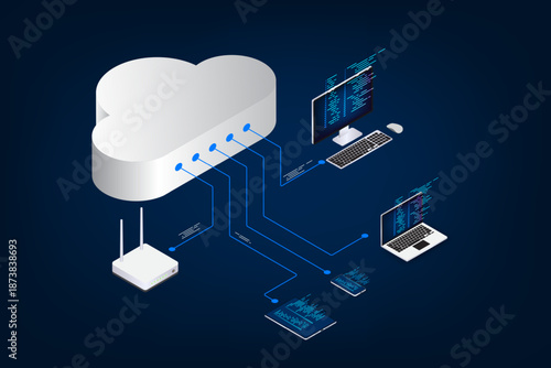 Isometric server storage, financial technology Laptop, tablet, mobile, router wifi and cloud storage