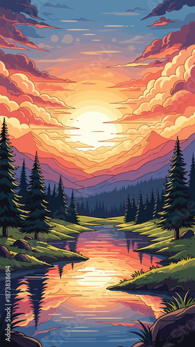 Mountain River Sunset Pixel Art, Vector Illustration of Scenic Nature Landscape with Pine Trees, Reflective Water, and Colorful Clouds for Retro Video Game Background Design
