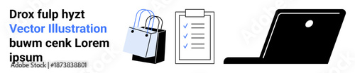 E-commerce, task management, online shopping, digital retail, purchases, organization. Shopping bags, clipboard with checkmarks and a laptop. E-commerce and task management visual concept